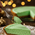 A beautiful slice of classic No-Bake Grasshopper Pie showing the light green mousse and chocolate crust.