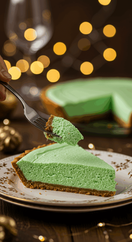 A beautiful slice of classic No-Bake Grasshopper Pie showing the light green mousse and chocolate crust.