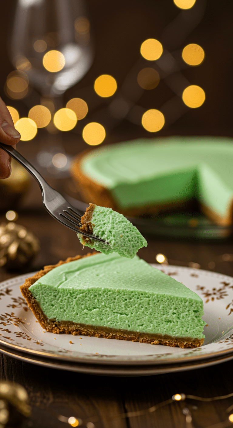 A beautiful slice of classic No-Bake Grasshopper Pie showing the light green mousse and chocolate crust.