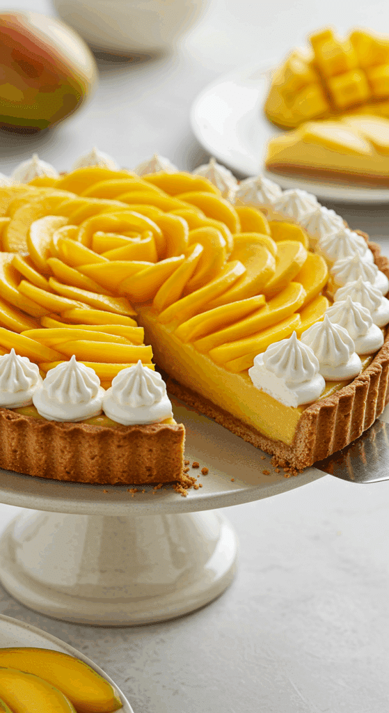 A stunning, elegant Mango Tart with a Biscoff crust and a beautiful mango rose topping.