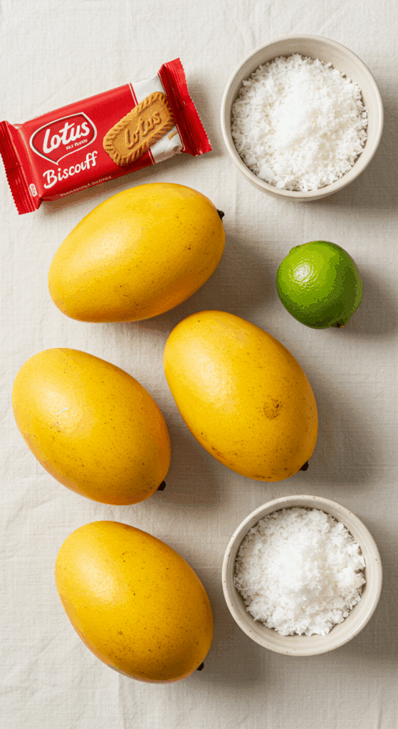 The fresh, tropical ingredients for the Mango Tart with a Biscoff crust.