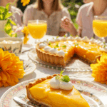 A beautiful slice of Mango Tart being served at a summer garden party.
