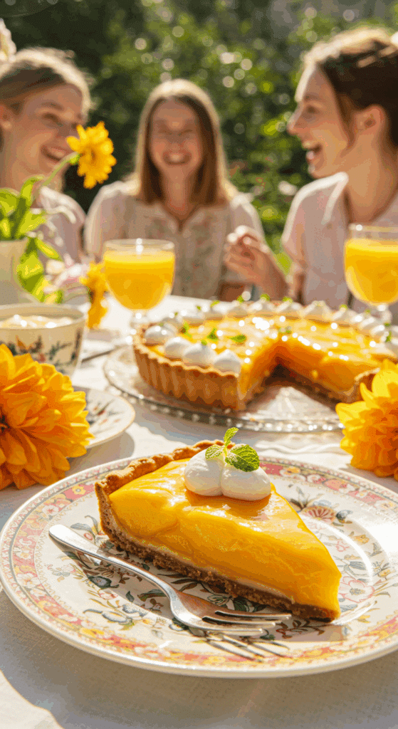 A beautiful slice of Mango Tart being served at a summer garden party.