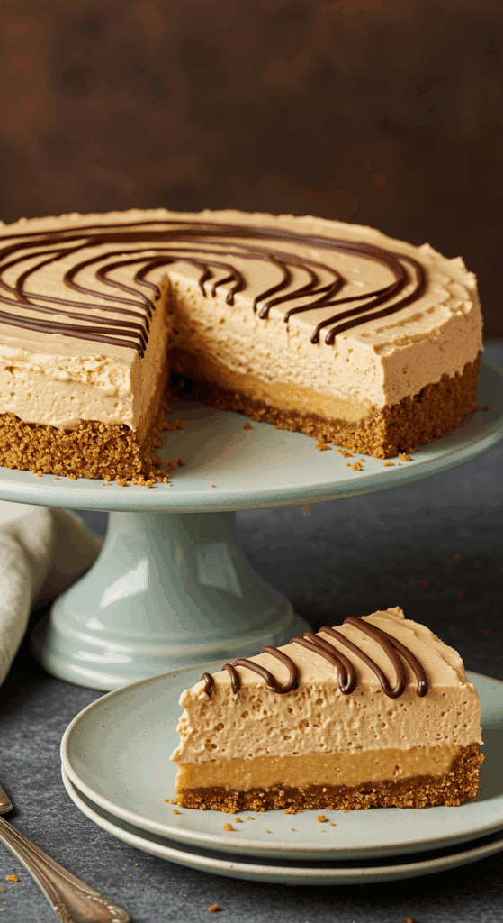 A beautiful, creamy No-Bake Easy Peanut Butter Pie with a perfect slice removed to show the mousse texture.