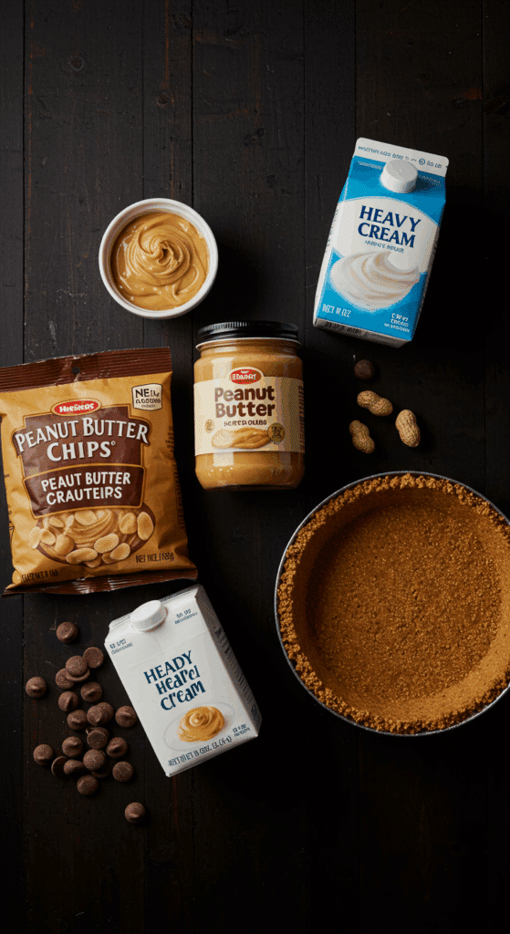 The simple ingredients for the Easy Peanut Butter Pie recipe, including peanut butter chips and cream