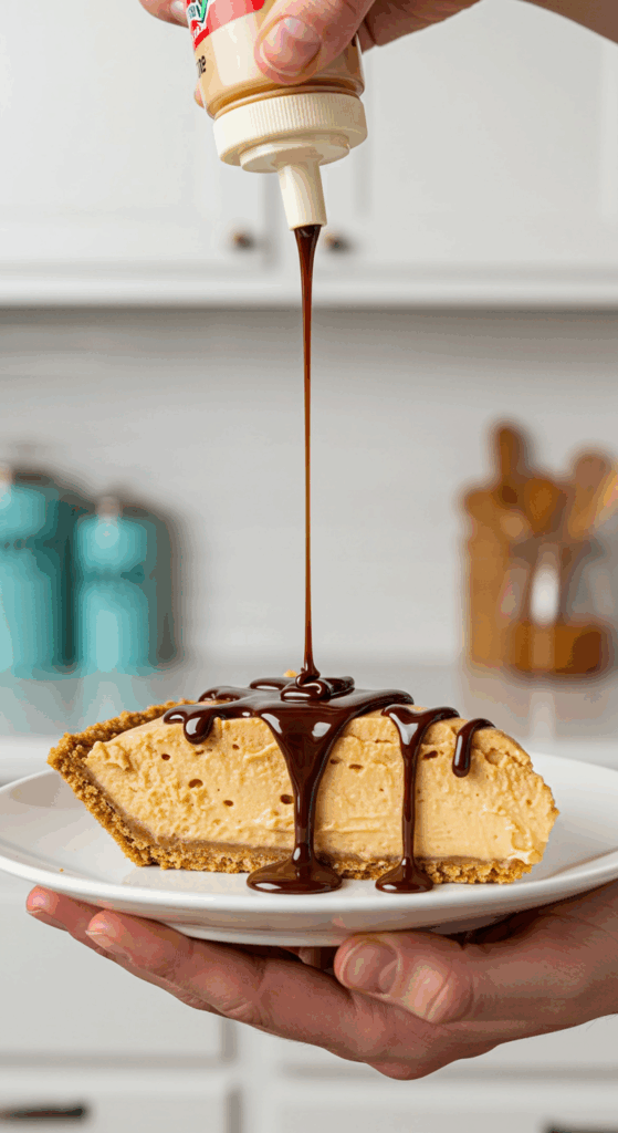 A hand drizzling rich chocolate syrup over a perfect slice of Easy Peanut Butter Pie.