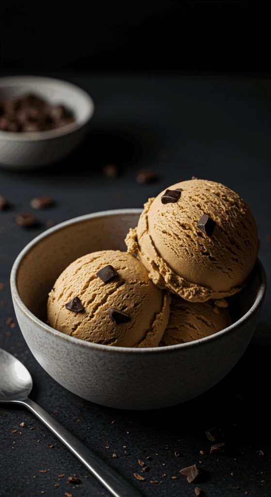 Two beautiful scoops of rich, creamy homemade No-Churn Coffee Ice Cream with dark chocolate chunks.