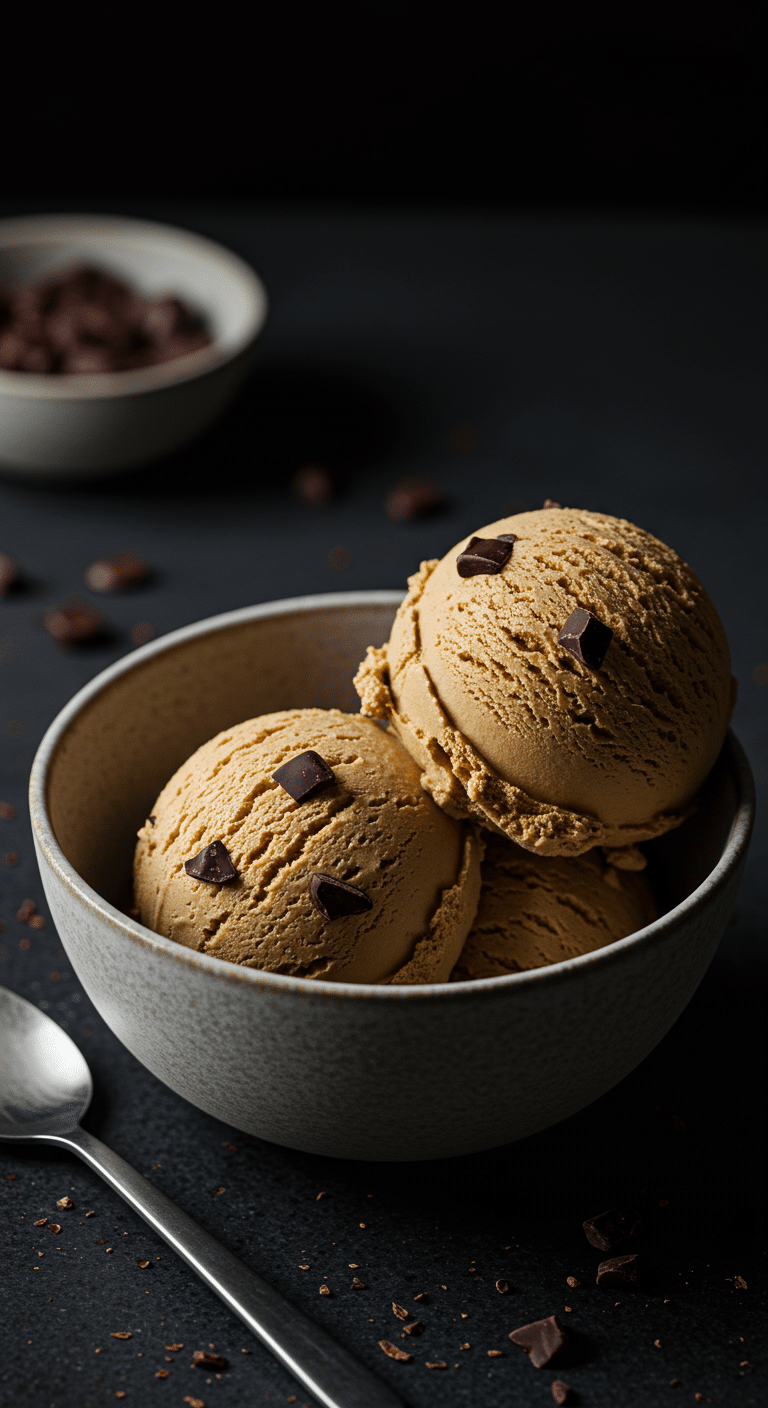 Two beautiful scoops of rich, creamy homemade No-Churn Coffee Ice Cream with dark chocolate chunks.