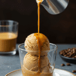 Serving a scoop of homemade No-Churn Coffee Ice Cream as an affogato with hot espresso poured over the top.