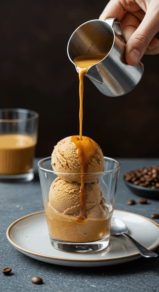 Serving a scoop of homemade No-Churn Coffee Ice Cream as an affogato with hot espresso poured over the top.