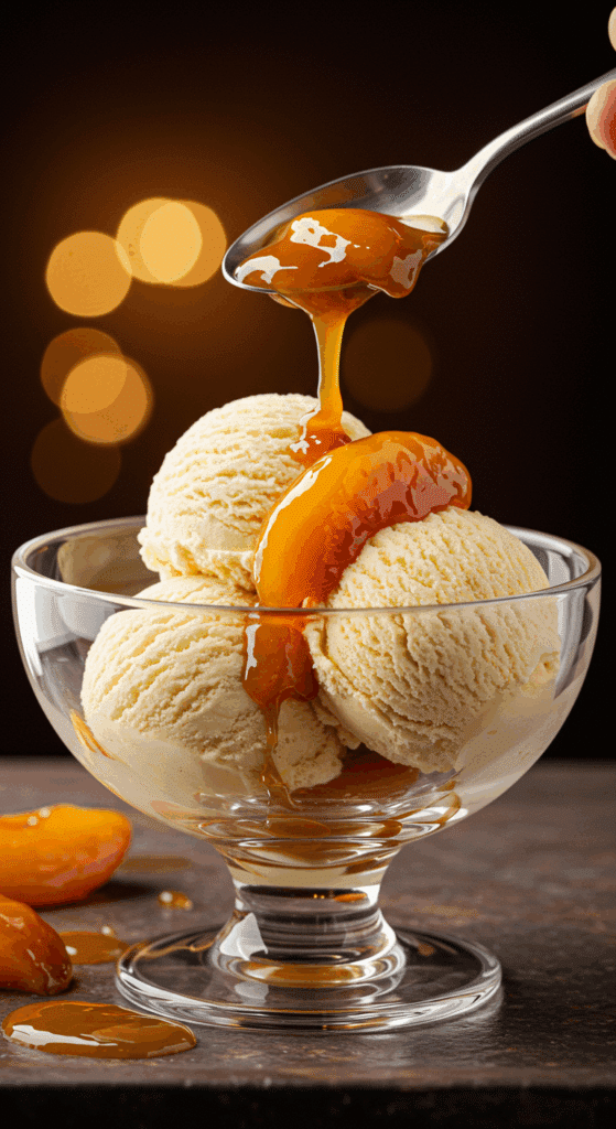 A scoop of vanilla ice cream being topped with warm, syrupy, homemade Tipsy Peaches.