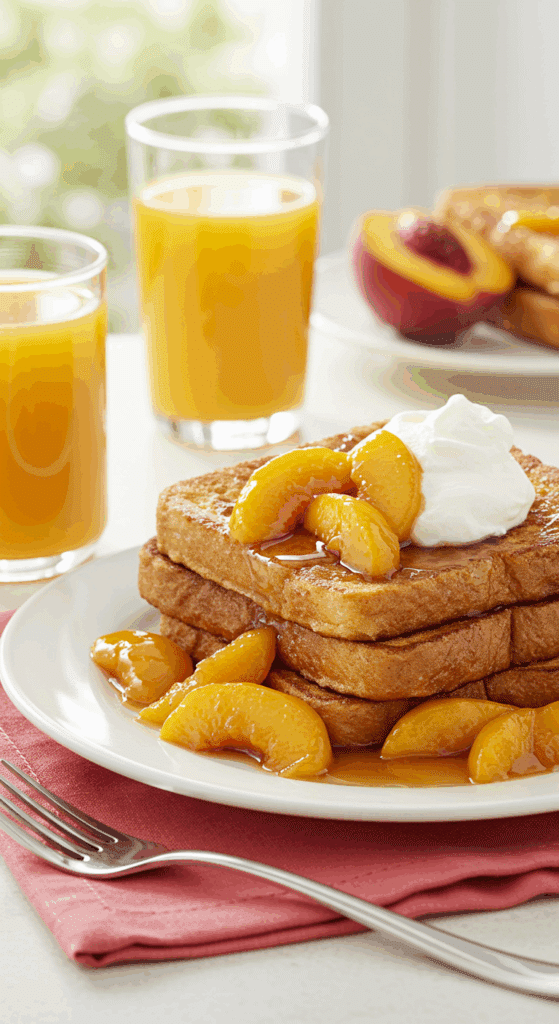 A beautiful plate of French toast topped with a generous serving of homemade Tipsy Peaches.