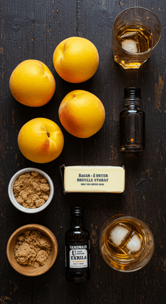 The simple, rustic ingredients for the Tipsy Peaches recipe: peaches, butter, brown sugar, and whiskey.
