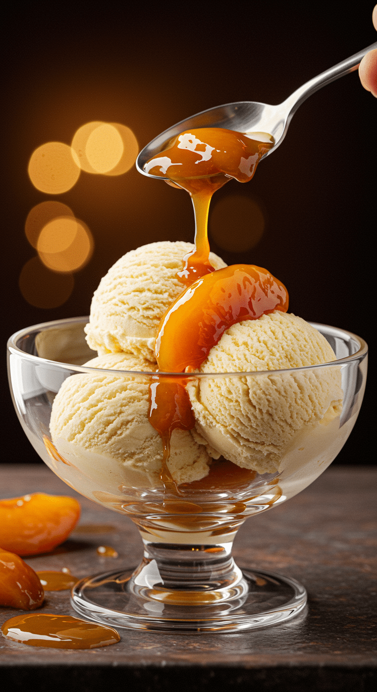 A scoop of vanilla ice cream being topped with warm, syrupy, homemade Tipsy Peaches.