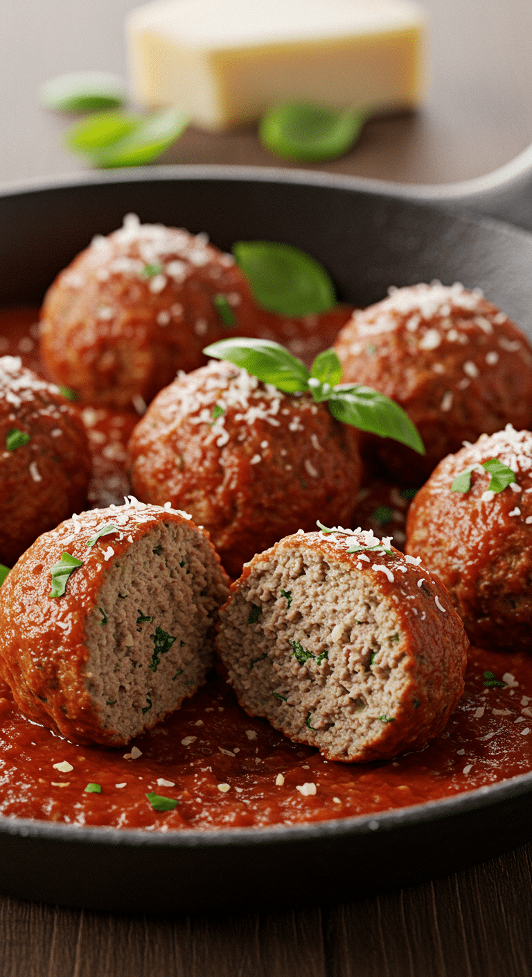 Several beautiful, juicy, homemade Italian Meatballs simmering in a rich red tomato sauce.