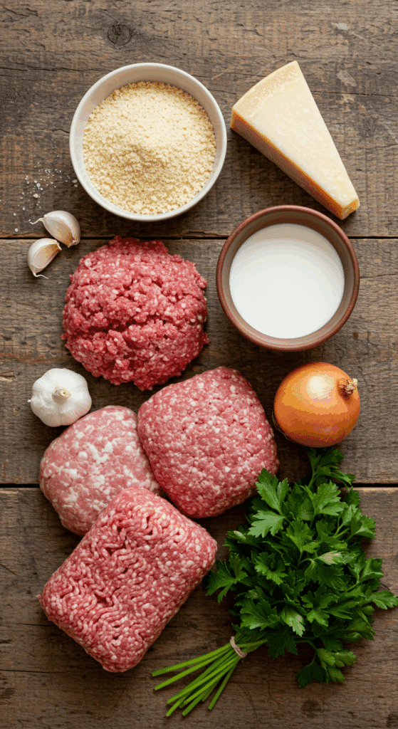 The fresh, classic ingredients for the easy and juicy homemade meatballs recipe.