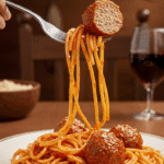 A delicious, comforting plate of spaghetti and meatballs being eaten at a family dinner.
