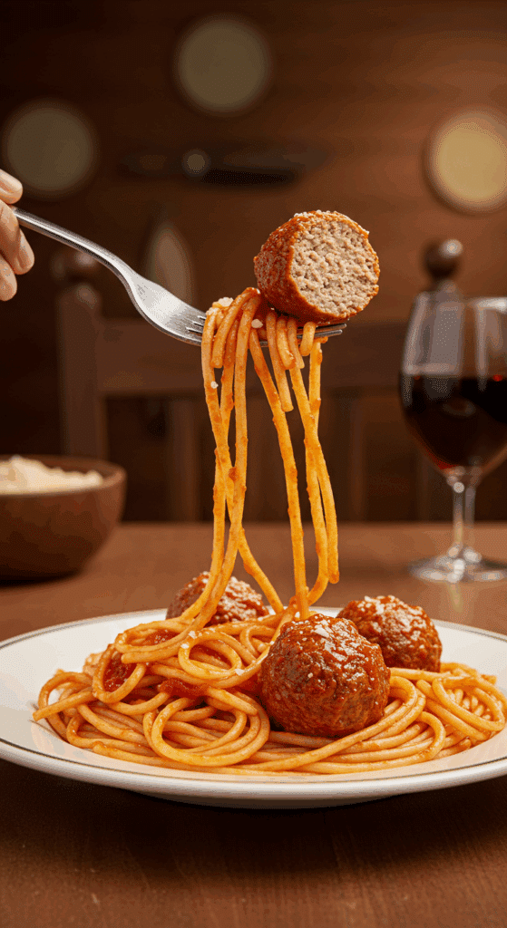 A delicious, comforting plate of spaghetti and meatballs being eaten at a family dinner.
