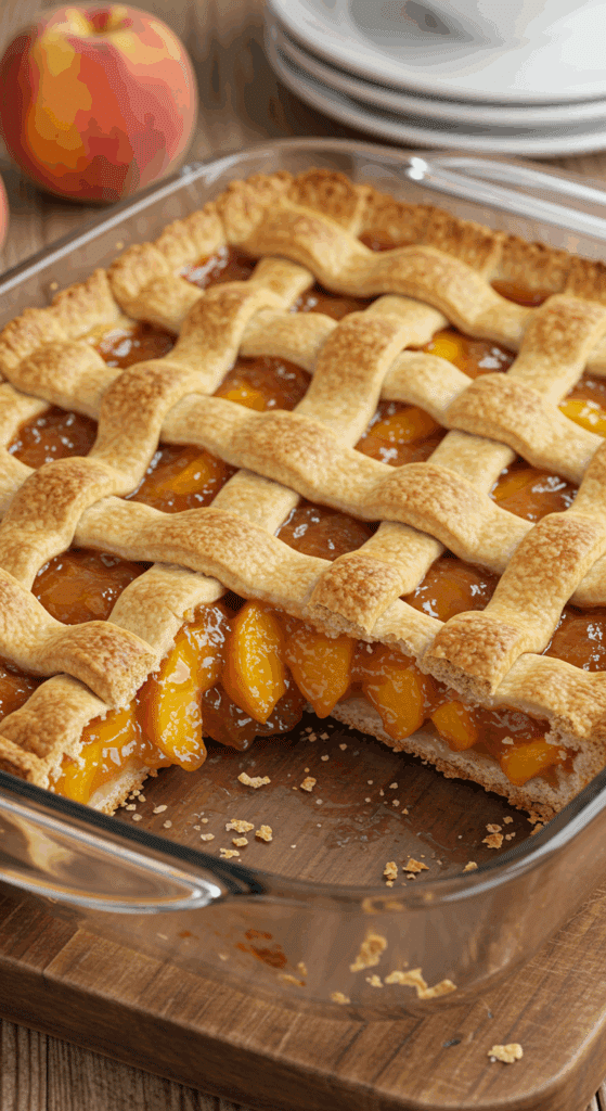 A beautiful, homemade Old-Fashioned Peach Cobbler with a golden-brown lattice crust and a slice removed.