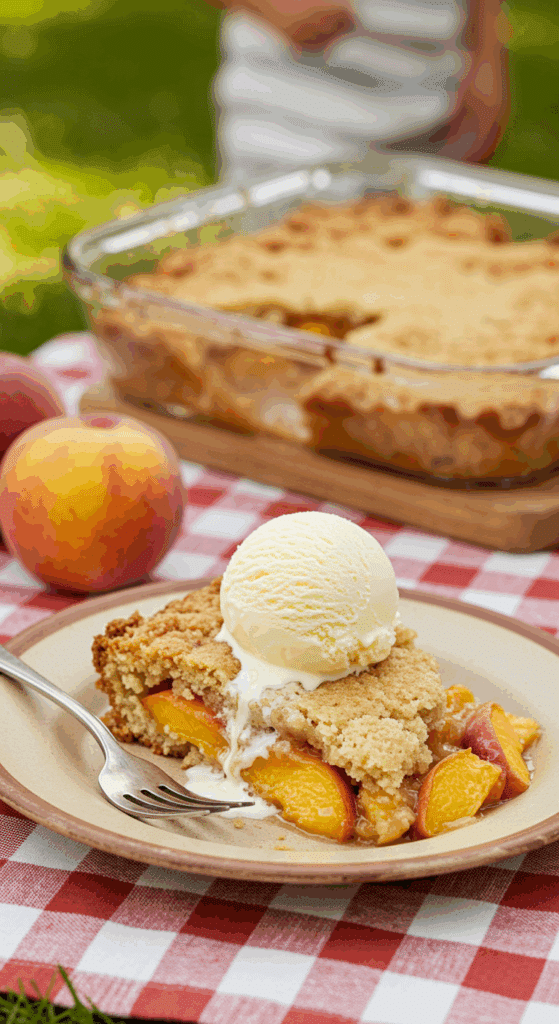A perfect slice of warm homemade Old-Fashioned Peach Cobbler with a large scoop of melting vanilla ice cream.