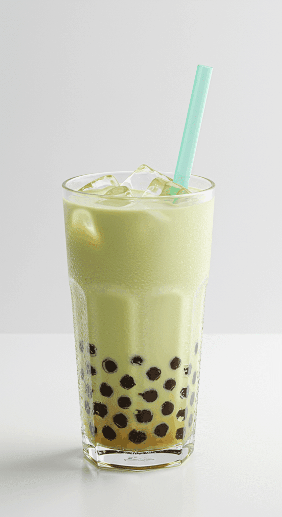 A tall, refreshing glass of creamy, pale green Honeydew Bubble Tea with a boba straw.