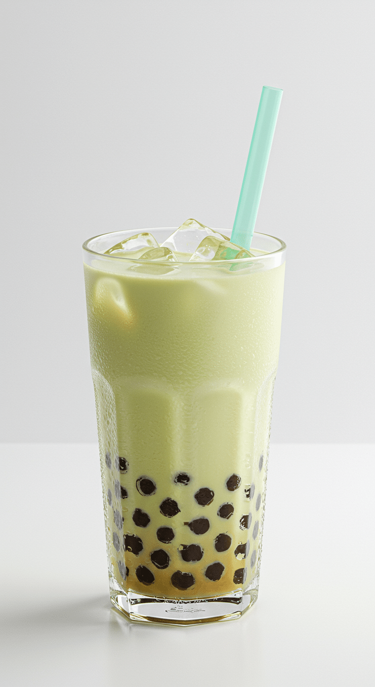 A tall, refreshing glass of creamy, pale green Honeydew Bubble Tea with a boba straw.