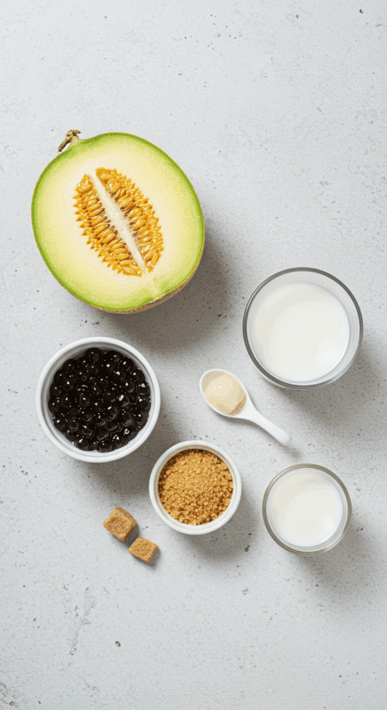 The simple, fresh ingredients for the Honeydew Bubble Tea recipe.