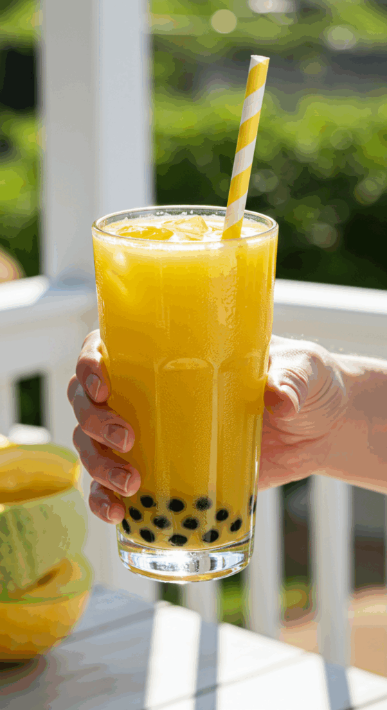 A person's hands holding a tall, refreshing glass of homemade Honeydew Bubble Tea on a sunny day.