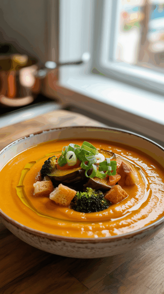 A vibrant bowl of Carrot-Ginger Soup topped with a pile of roasted vegetables and croutons.