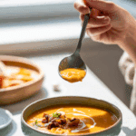 A person enjoying a healthy bowl of Carrot-Ginger Soup with Roasted Vegetables for lunch.