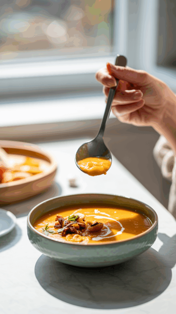 A person enjoying a healthy bowl of Carrot-Ginger Soup with Roasted Vegetables for lunch.