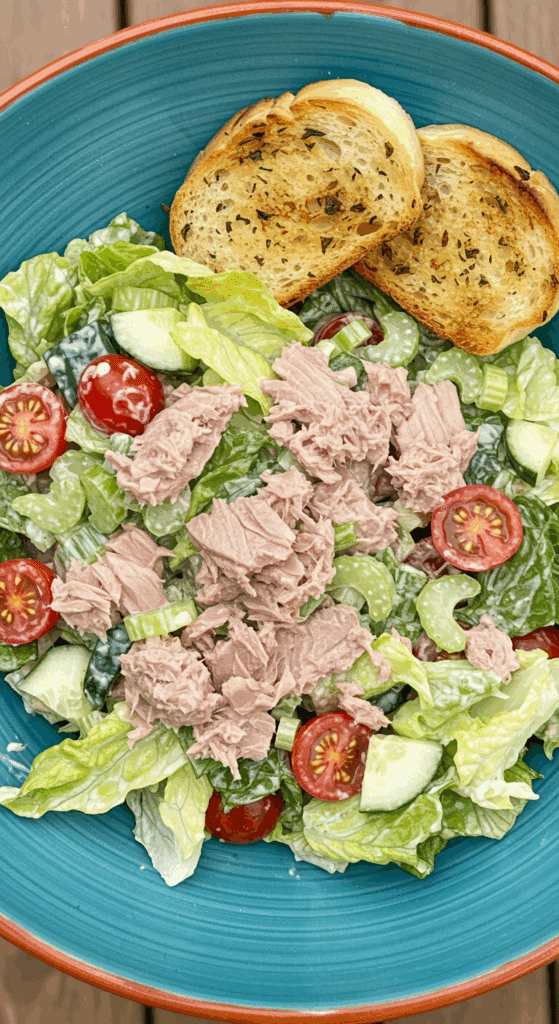 A large bowl of fresh, homemade main-course Tuna Salad with herb toast.