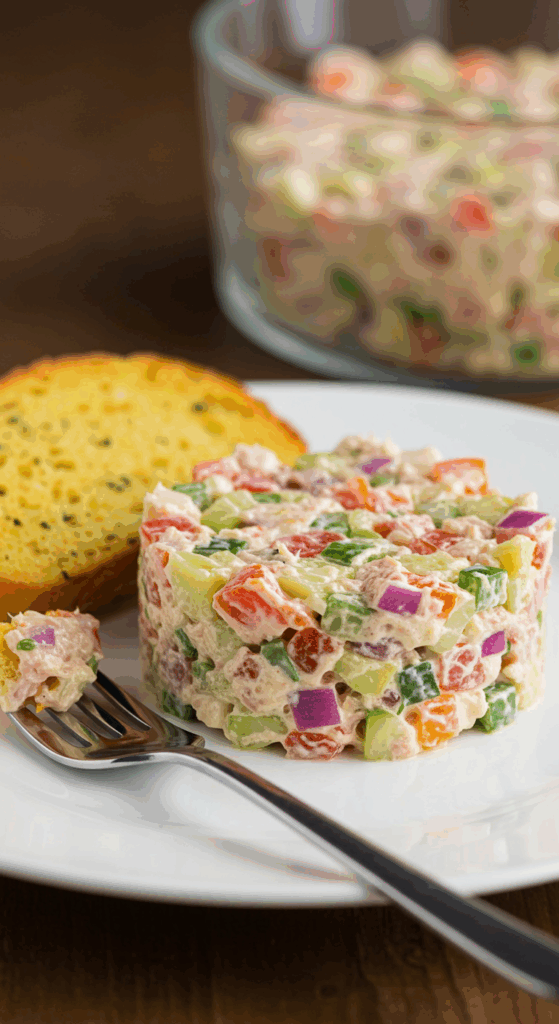 A plated serving of the finished Tuna Salad with a piece of herb toast.