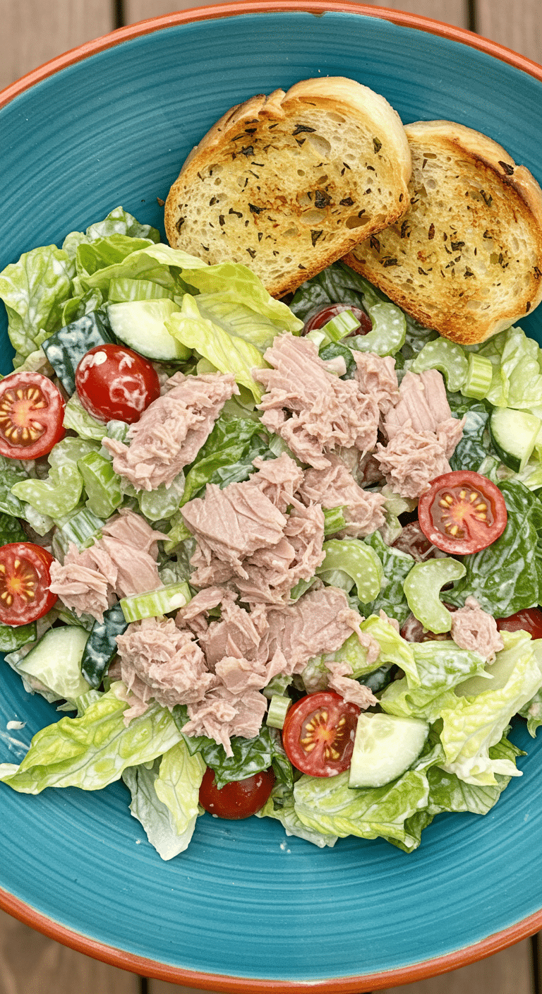 A large bowl of fresh, homemade main-course Tuna Salad with herb toast.
