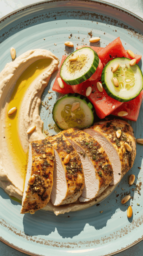 A plated meal of homemade, healthy Za'atar Chicken with cucumber-watermelon salad.