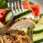 A forkful of the finished Za'atar Chicken and watermelon salad.