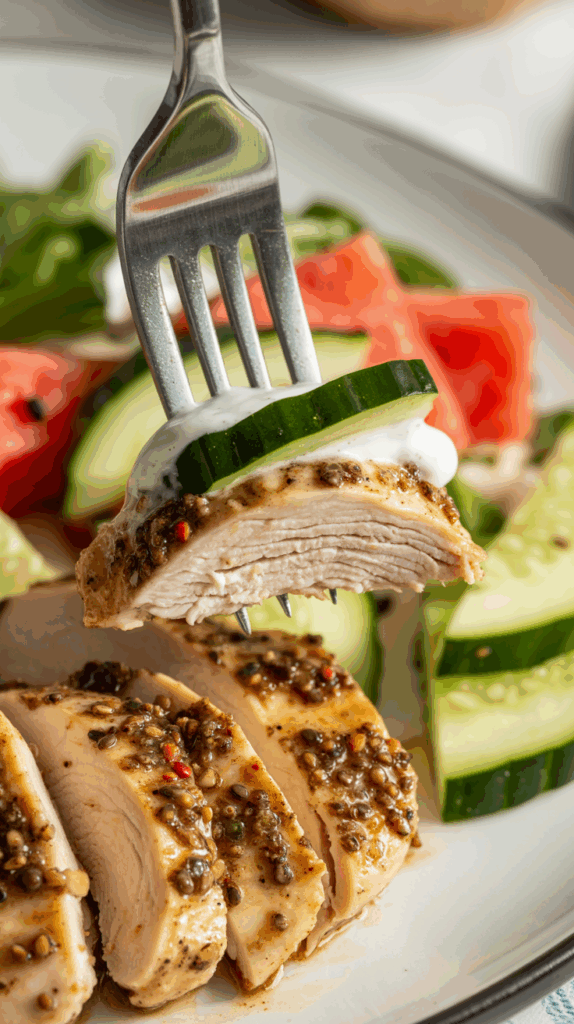 A forkful of the finished Za'atar Chicken and watermelon salad.