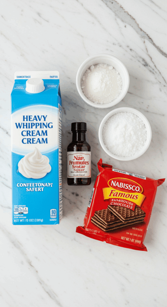The 4 simple ingredients for the classic no-bake Zebra Cake recipe.