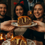 A person serving a beautiful, striped slice of Zebra Cake at a party.