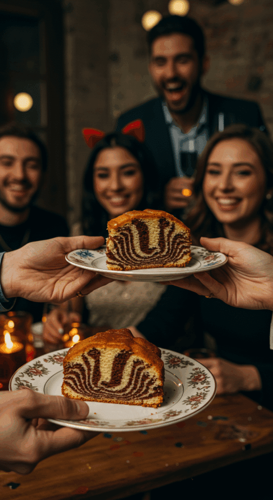 A person serving a beautiful, striped slice of Zebra Cake at a party.