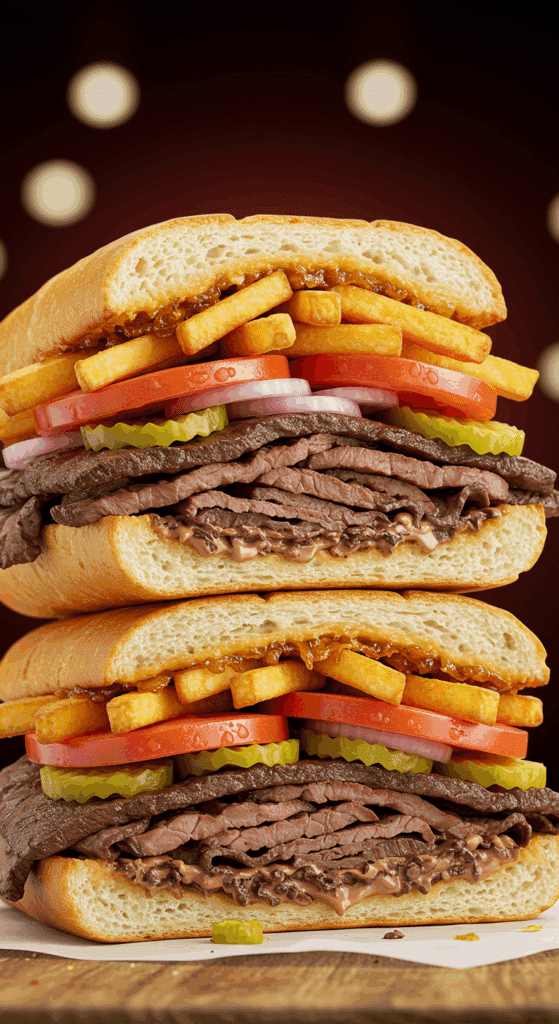 A delicious, crunchy Cuban Beef-and-Potato Sandwich cut in half to show the layers of steak and potato sticks.