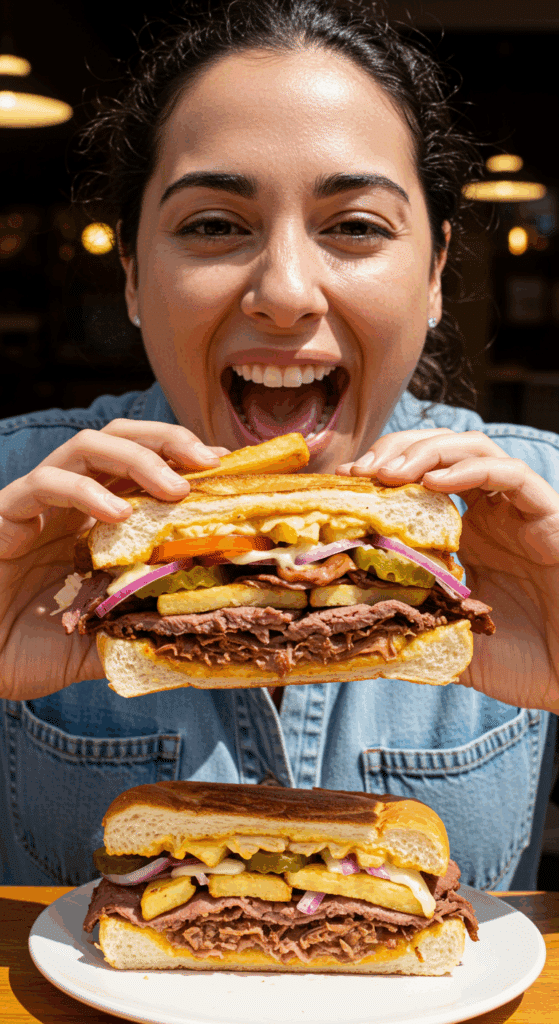 A person taking a big, happy bite of a crunchy Cuban Beef-and-Potato Sandwich.