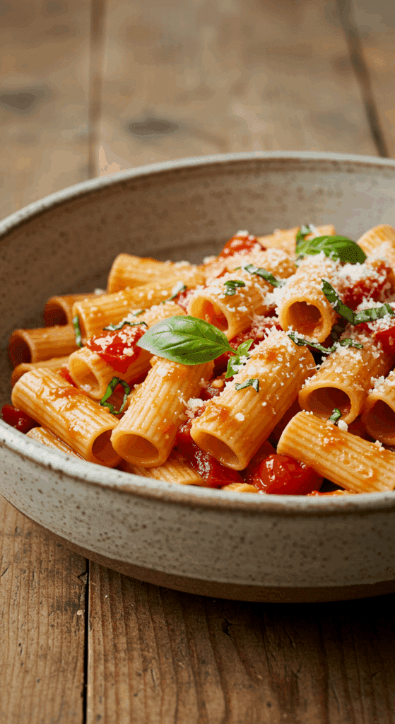 A large bowl of homemade Rigatoni with a fresh, No-Cook Tomato Sauce.