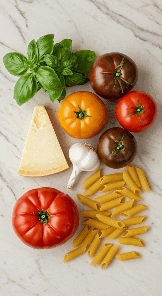 Fresh ingredients for the pasta with No-Cook Tomato Sauce