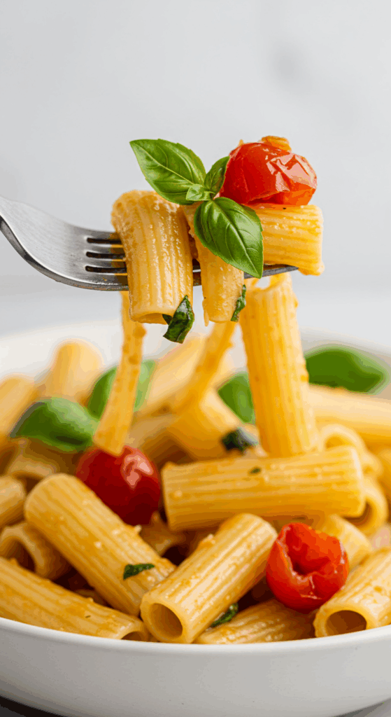 A forkful of the finished pasta with No-Cook Tomato Sauce.
