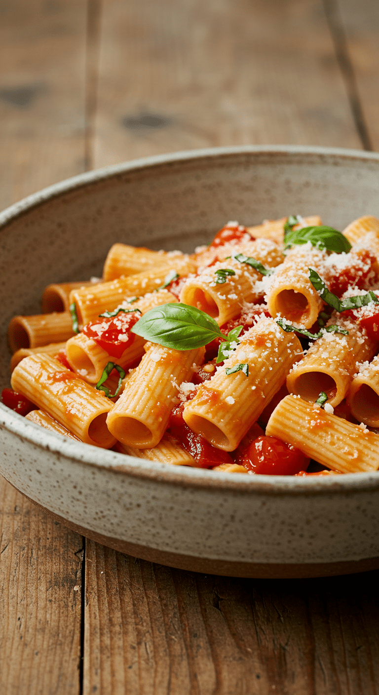 A large bowl of homemade Rigatoni with a fresh, No-Cook Tomato Sauce.