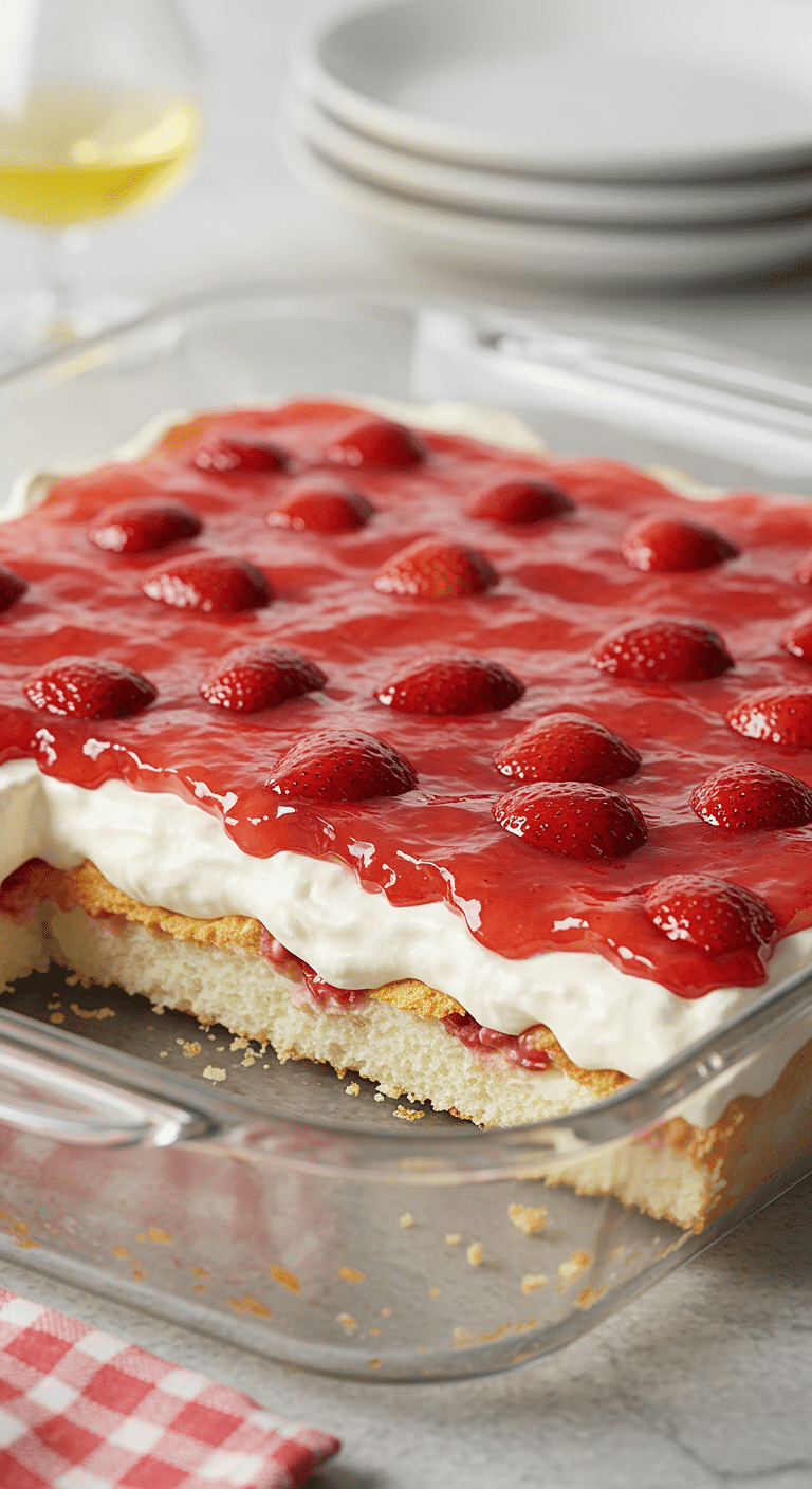 A beautiful, layered Strawberry Angel Food Dessert in a glass dish with one square slice removed.