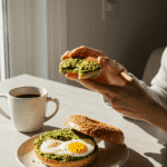A person enjoying a delicious and healthy Pesto Egg bagel for breakfast.