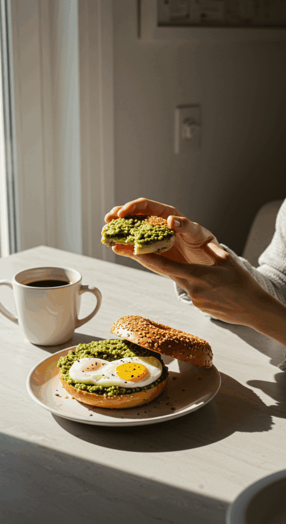 A person enjoying a delicious and healthy Pesto Egg bagel for breakfast.