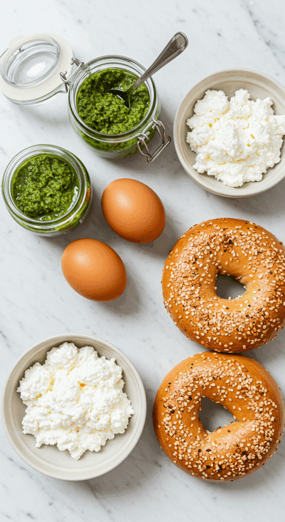 The simple, fresh ingredients for the viral Pesto Eggs recipe.